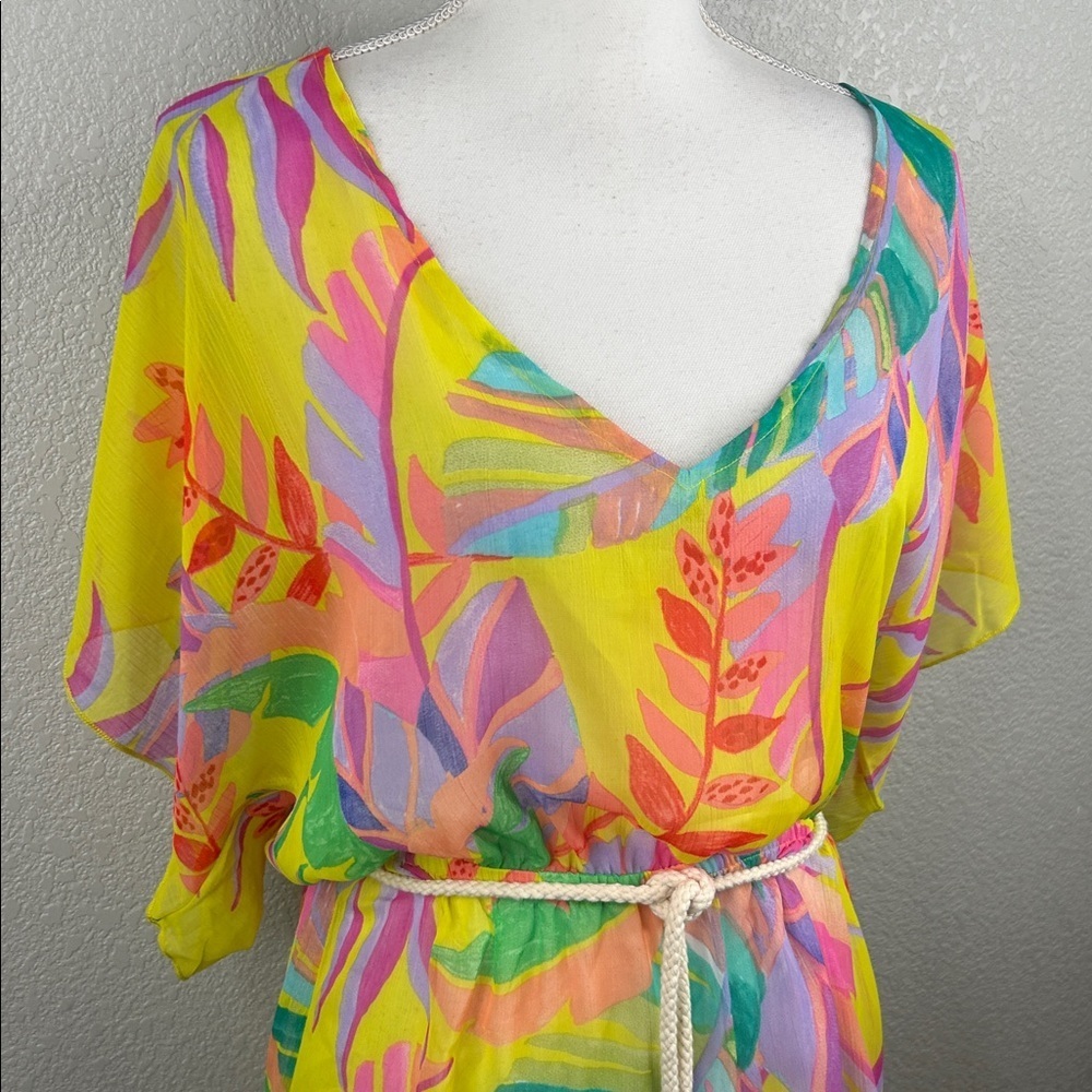 Becca Yellow Floral Tropical Sheer Summer Spring Vacation Swimsuit Coverup XS - Picture 2 of 7